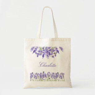 Lavender violet flowers name script tote bag