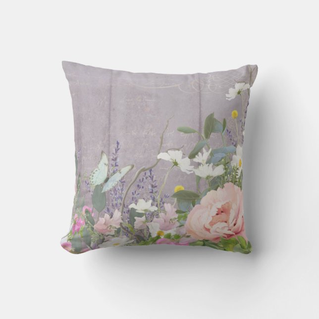 Lavender Violet French Vintage Floral Butterfly Cushion (Front)