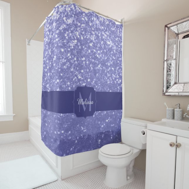 Lavender violet sparkles glitter bling Monogram Shower Curtain (In Situ)