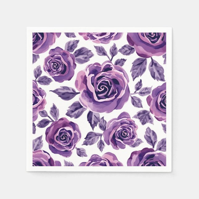 Lavender & Violet Watercolor Rose Floral Pattern Napkin (Front)