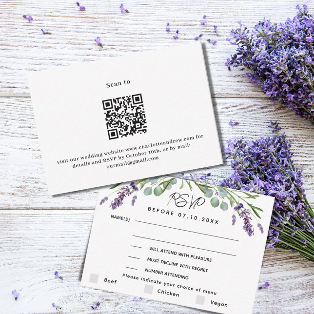 Lavender violet wedding menu QR response RSVP (Creator Uploaded)