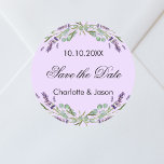 Lavender violet wedding Save the Date Classic Round Sticker<br><div class="desc">A violet background decorated with lavender flowers and eucalyptus greenery.  Personalise and add your names and wedding date.</div>