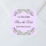 Lavender violet wedding Save the Date Square Sticker<br><div class="desc">A Save the Date sticker for your wedding. A romantic violet background decorated with lavender flowers and eucalyptus greenery.  Personalise and add your names and wedding date.</div>