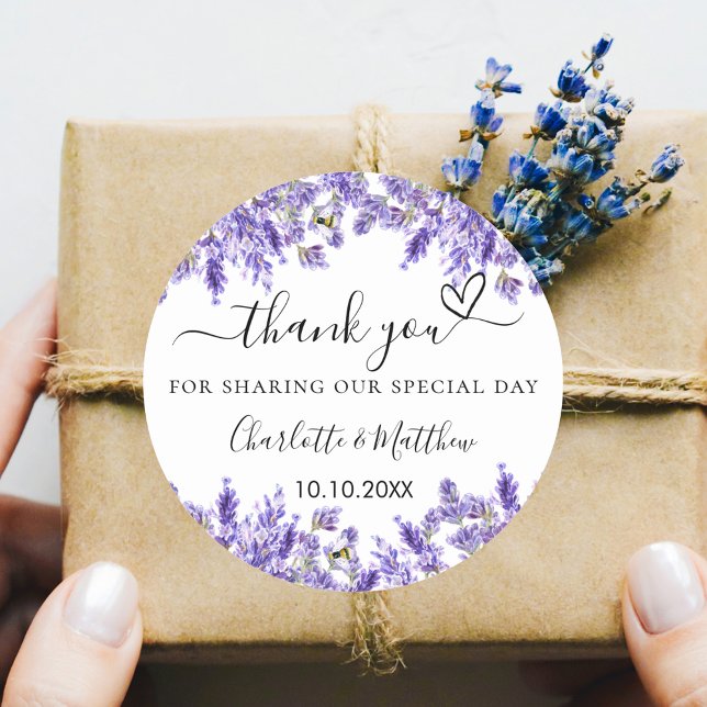 Lavender violet wedding thank you classic round sticker (Creator Uploaded)