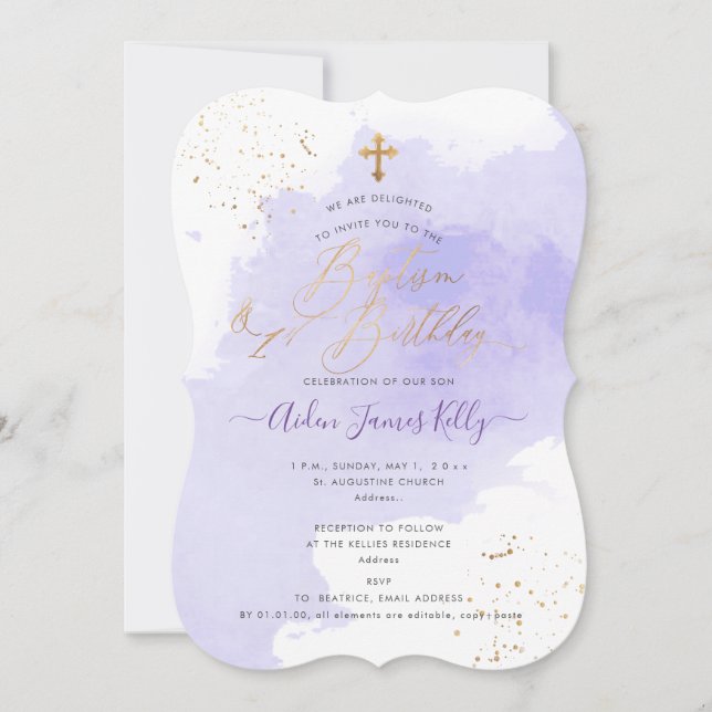 Lavender Watercolor Baptism+1st Birthday Invitation (Front)