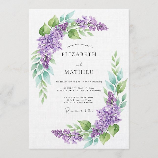Lavender Watercolor Botanical Wedding Invitation (Front)