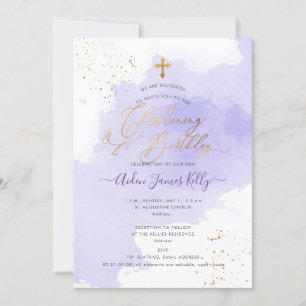 Lavender Watercolor Christening+1st Birthday Invit Invitation