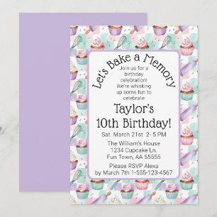 Lavender Watercolor Cupcake Baking Birthday Party Invitation