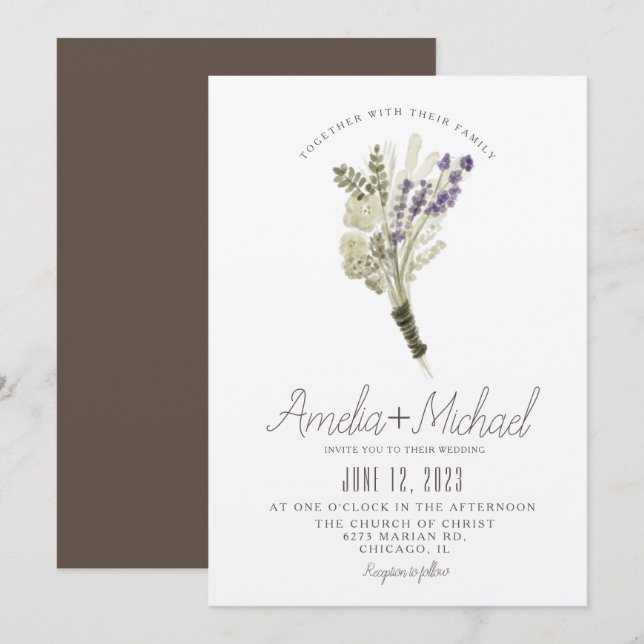 Lavender Watercolor Eco Friendly Bouquet Wedding Invitation (Front/Back)