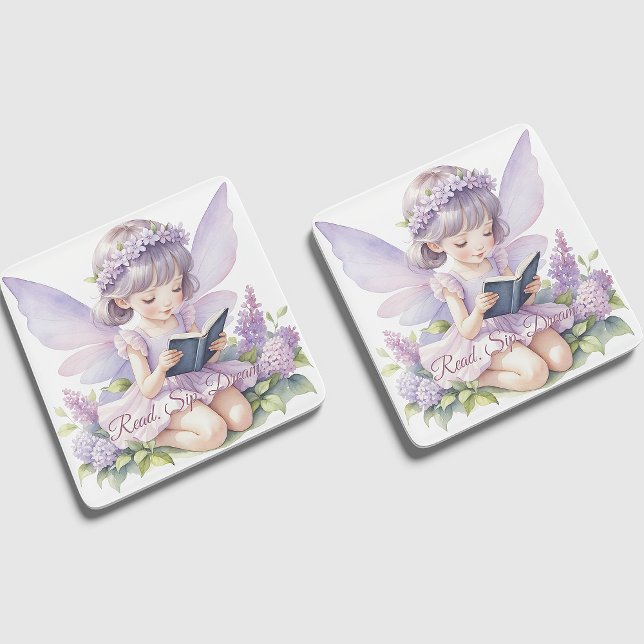 Lavender Watercolor Fairy Reading Book Glass Coaster (Creator Uploaded)