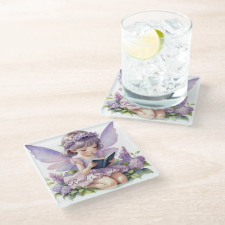 Lavender Watercolor Fairy Reading Book Glass Coaster