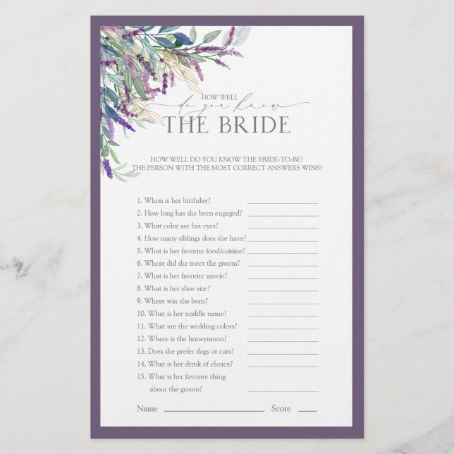 Lavender Watercolor Floral Bridal Shower Game (Front)