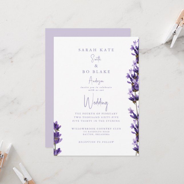 Lavender Watercolor Floral No Parents Wedding   Invitation (Front/Back In Situ)