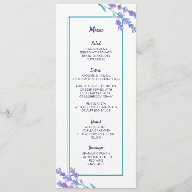 Lavender Watercolor Floral Wedding Menu Card (Front)
