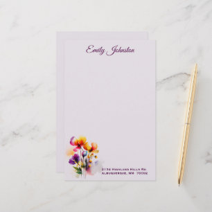Lavender Watercolor Flowers Custom Stationery