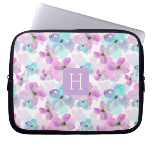 Lavender Watercolor Flowers Monogram Laptop Sleeve