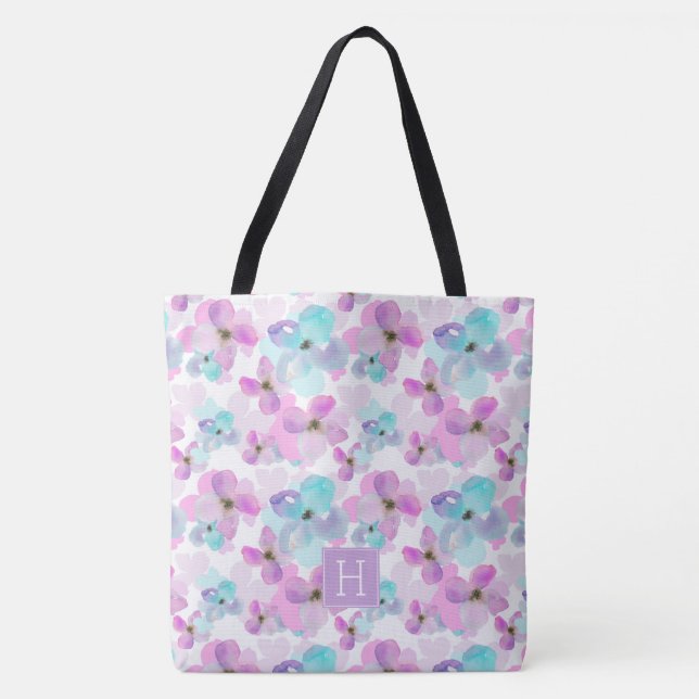 Lavender Watercolor Flowers Monogram Tote Bag (Front)