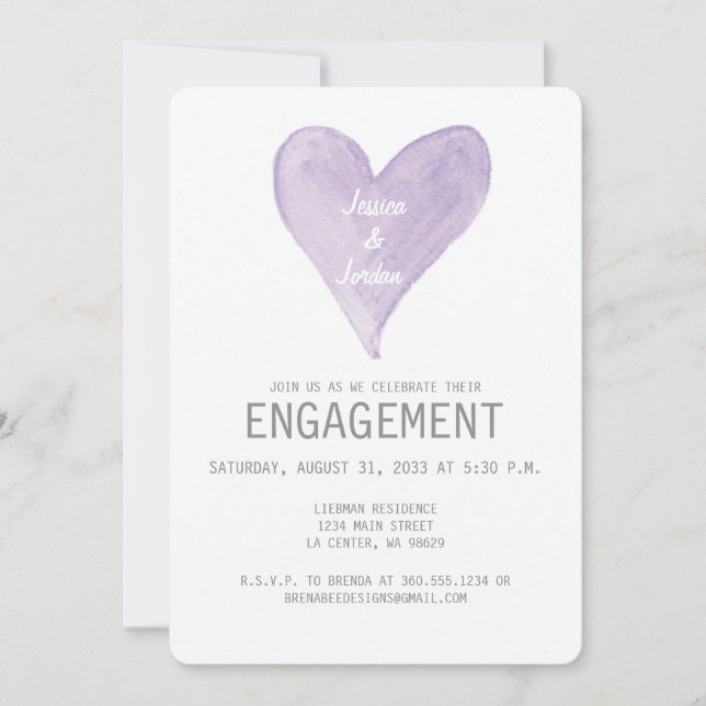 Lavender Watercolor Heart Engagement Invitation (Front)