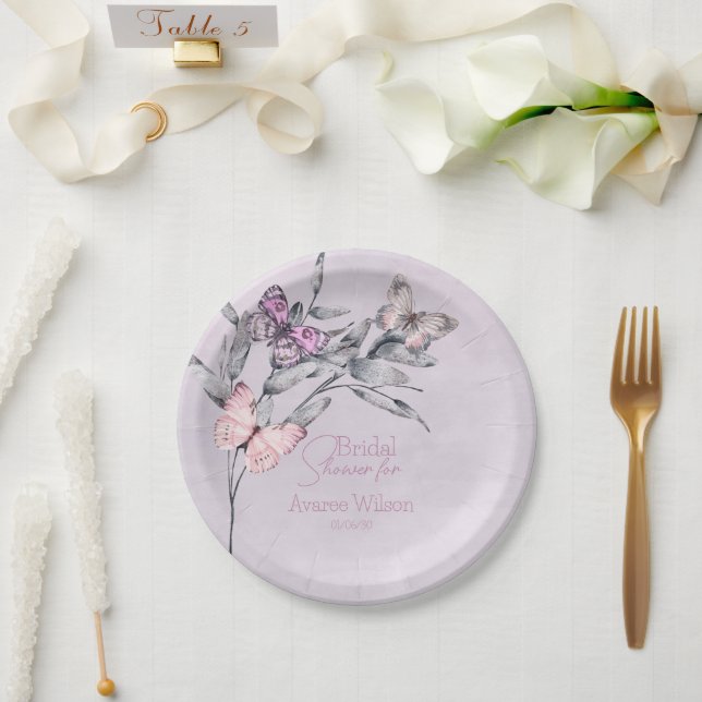 Lavender Watercolor Leaf and Butterflies Bridal  Paper Plate (Wedding)