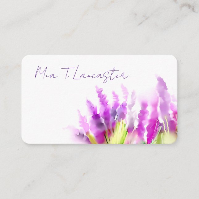 Lavender watercolor purple floral business card (Front)