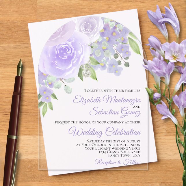 Lavender Watercolor Roses Elegant Arch Wedding Acrylic Invitations (Creator Uploaded)