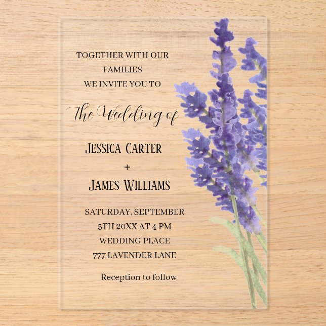 Lavender Watercolor Rustic Elegant Wedding Acrylic Invitations (Front)