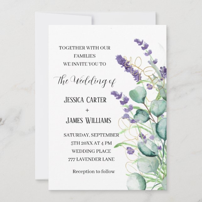 Lavender Watercolor Rustic Eucalyptus Wedding Invitation (Front)