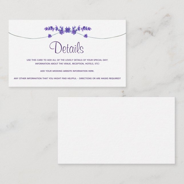 Lavender Watercolor Wedding Details Card (Front/Back)