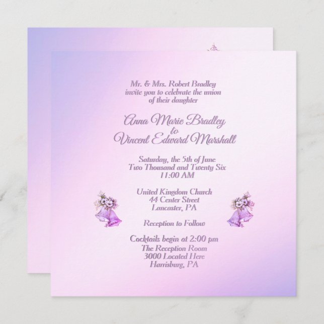 Lavender Wedding Bells Invitation (Front/Back)
