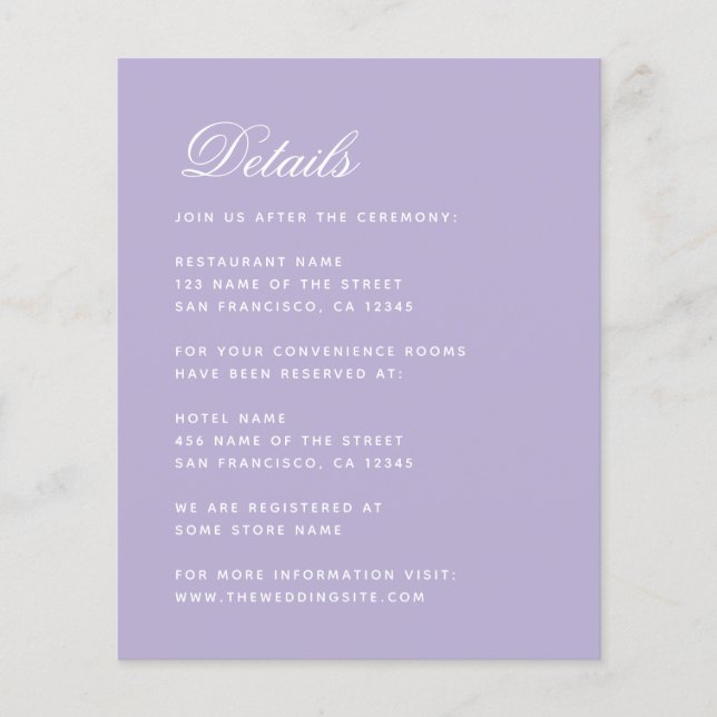 Lavender Wedding Details Budget Simple Purple Card (Front)