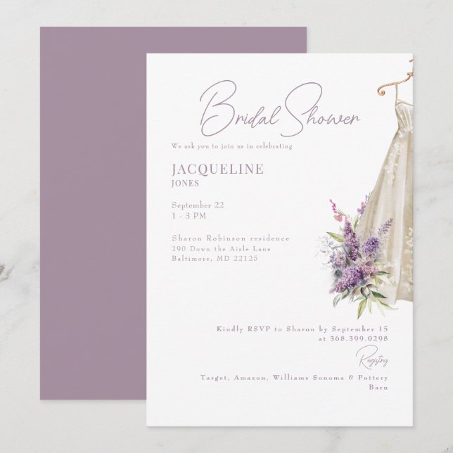 Lavender Wedding Dress Bridal Shower Invitation (Front/Back)