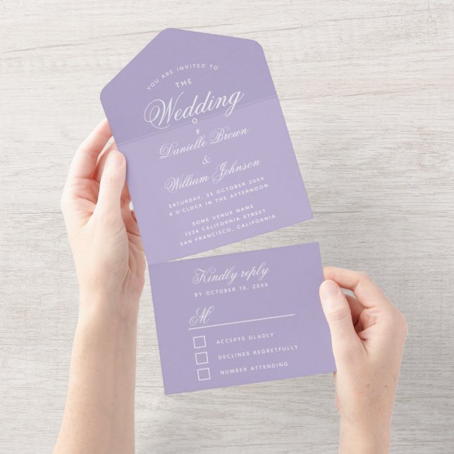 Lavender Wedding Elegant Calligraphy RSVP Purple All In One Invitation (Tearaway)