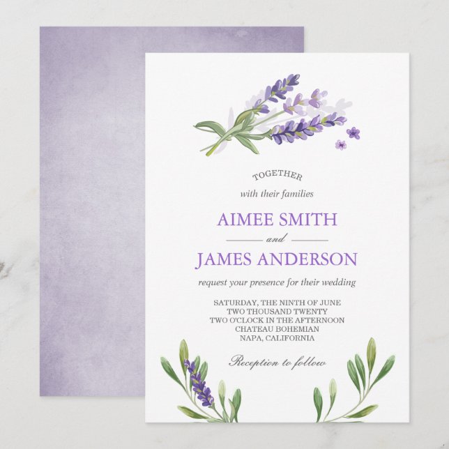 Lavender Wedding Invitation Rustic Elegant Floral (Front/Back)