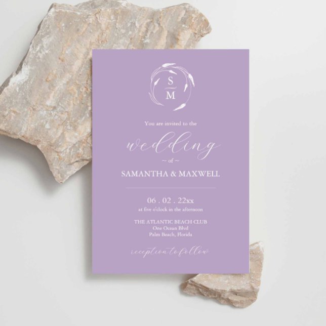 Lavender Wedding Invitation with QR Code (Custom lavender wedding invites designed using unique line art by Victoria Grigaliunas)