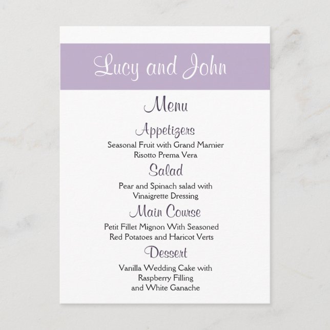 Lavender Wedding Menu Cards (Front)
