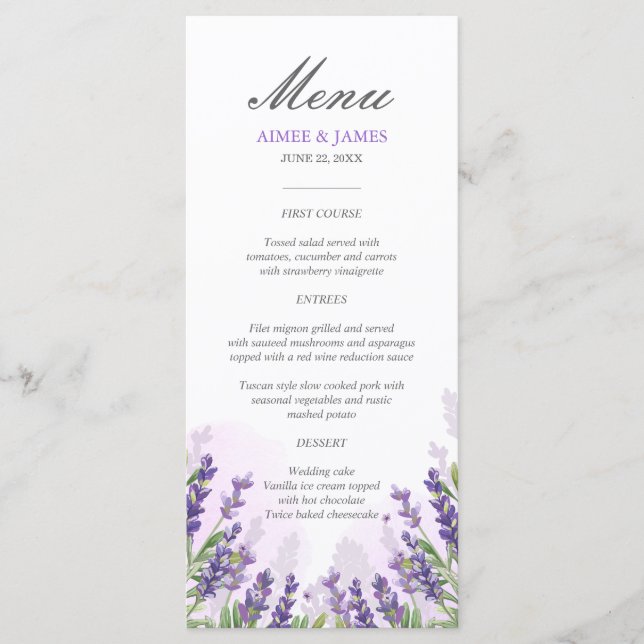 Lavender Wedding Menu Elegant Purple Floral Dreamy (Front)