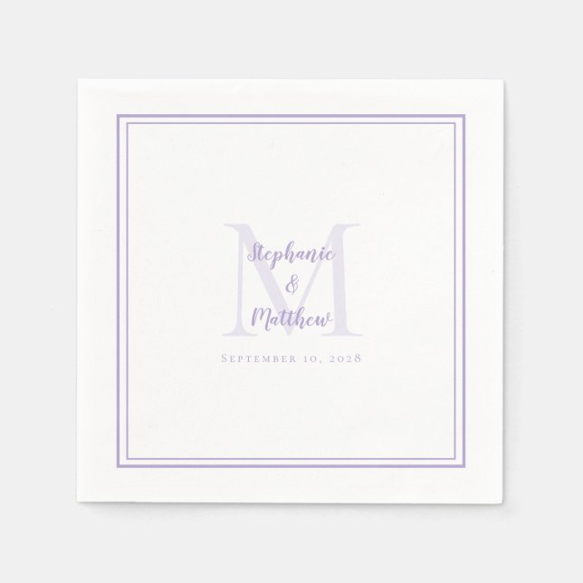Lavender Wedding Monogram Modern Initial & Names Napkin (Front)