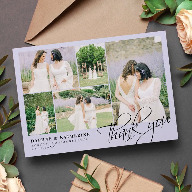 Lavender Wedding Photo Collage Script Thank You Card (Creator Uploaded)