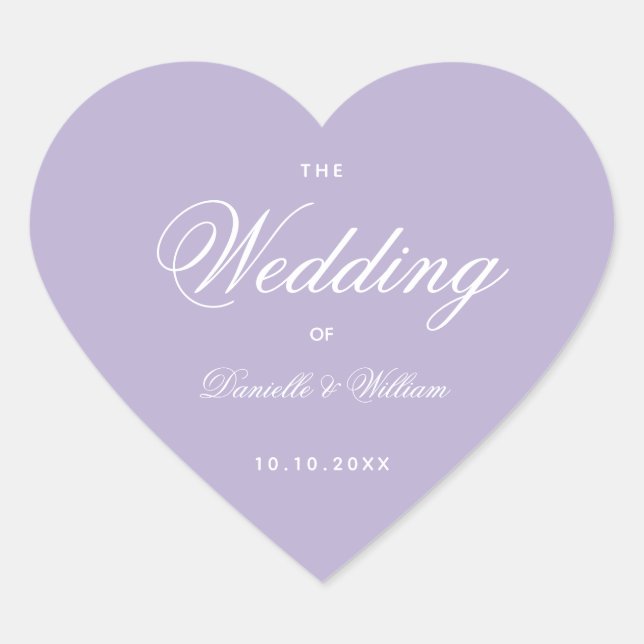 Lavender Wedding Simple Elegant Script Purple  Heart Sticker (Front)