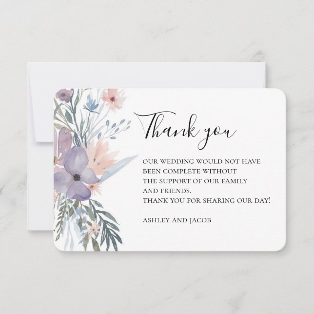 Lavender wedding thanks. Purple flowers. Botanical Thank You Card (Front)