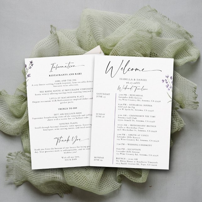 Lavender Wedding Weekend 3 Days Schedule Elegant Invitation (lavender wedding weekend schedule itinerary provence wreath modern classic elegant watercolor theme)