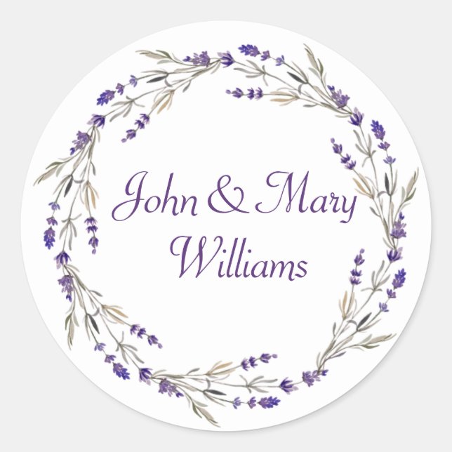 Lavender Wedding Wreath On White Classic Round Sticker (Front)