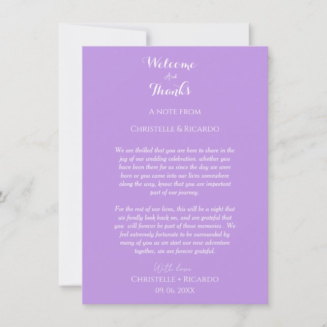 Lavender  Welcome & thank you Wedding note  (Front)