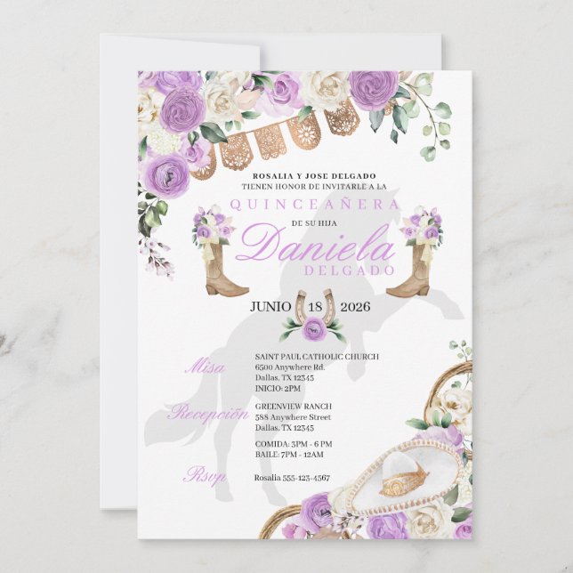 Lavender Western Boots & Roses Quinceañera Invitation (Front)