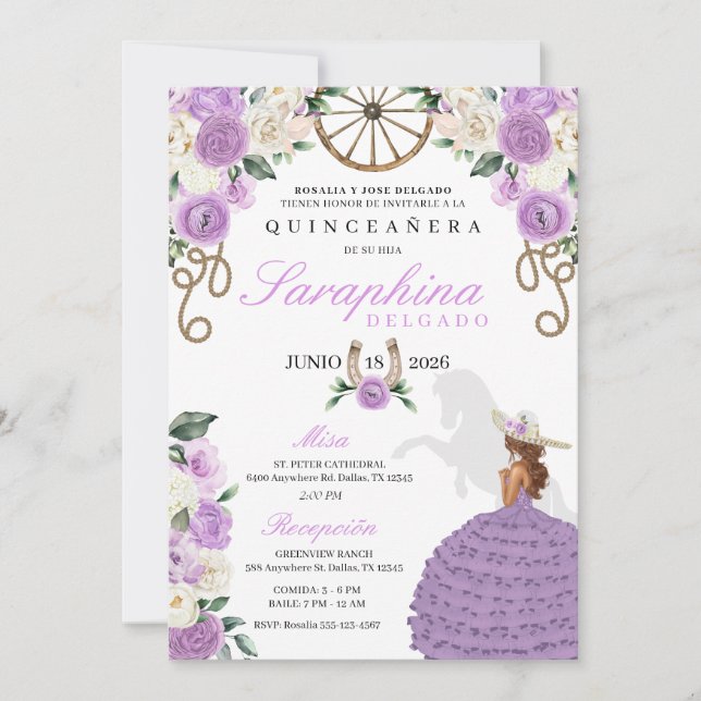 Lavender Western Princess Cowgirl Quinceañera Invitation (Front)