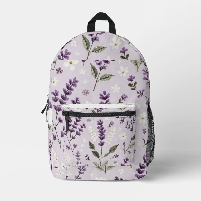 Lavender Whispers – Embroidered Botanical Pattern  Printed Backpack (Front)
