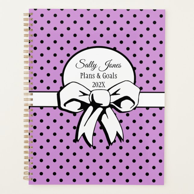 Lavender White Bow & Black Polka Dots Personalised Planner (Front)