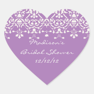 Lavender & White Damask Bride Shower Heart Sticker