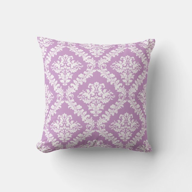 Lavender, white damask pattern throw cushion (Front)