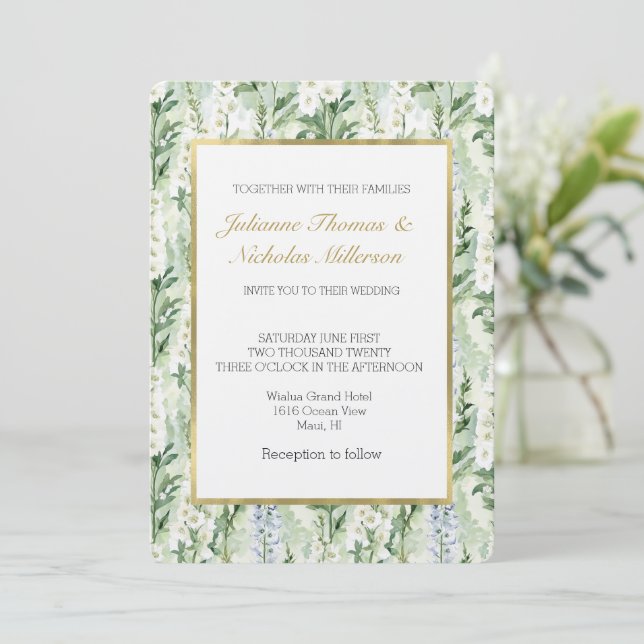 Lavender White Delphinium Flowers Wedding Invitation (Standing Front)